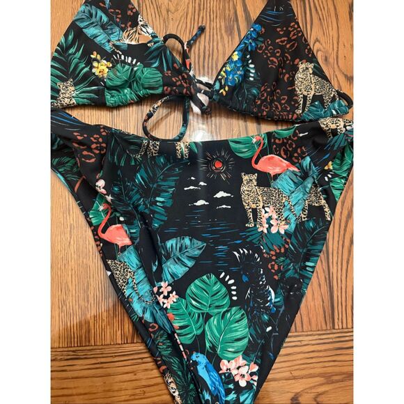 Skatie Black Green Tropical Jungle Print Triangle Bikini Swim Set 2 Pc Medium - Picture 3 of 4